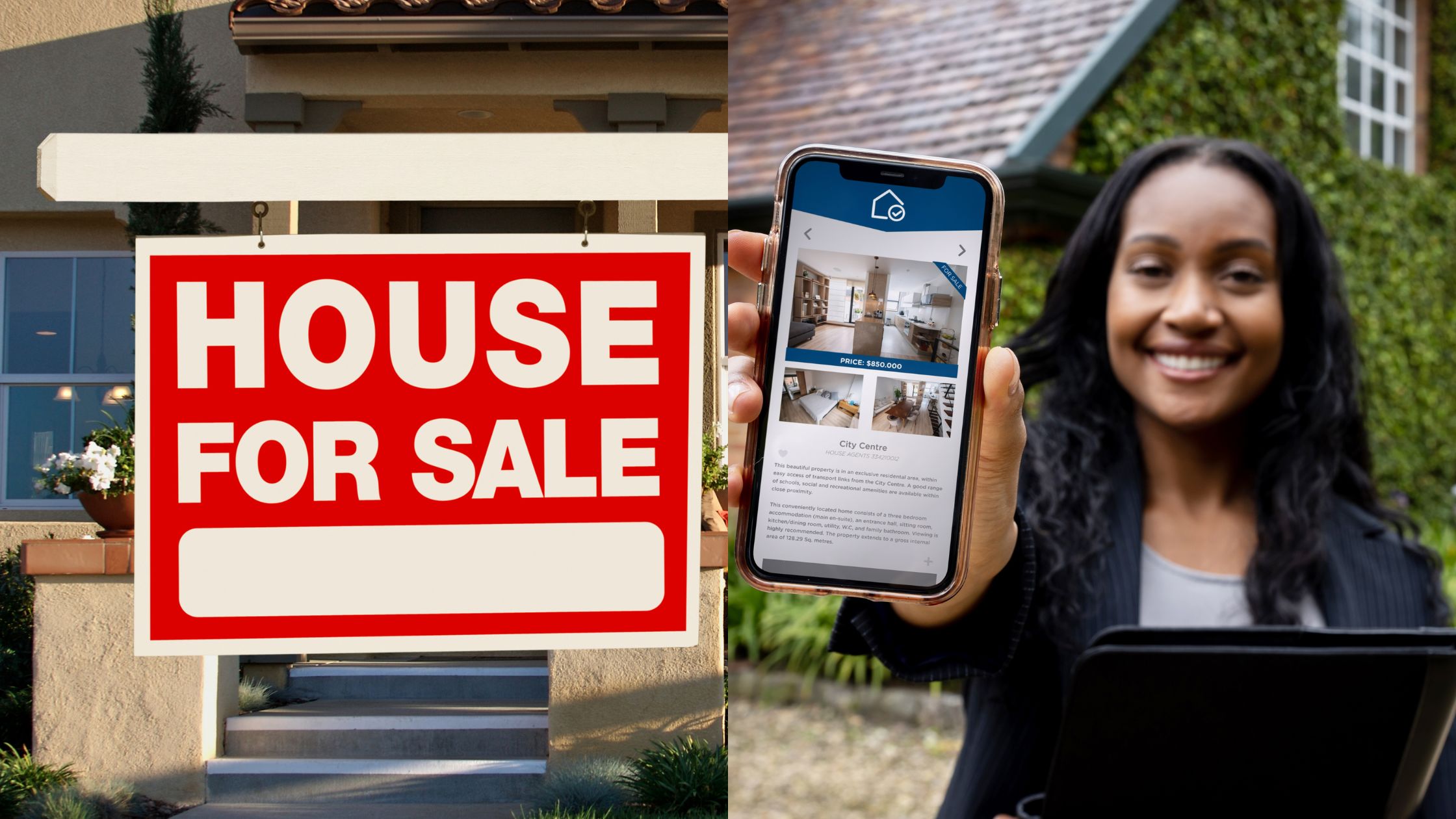Comparison of traditional property signpost and digital real estate listing on smartphone, showing the shift to online property marketing in Nigeria