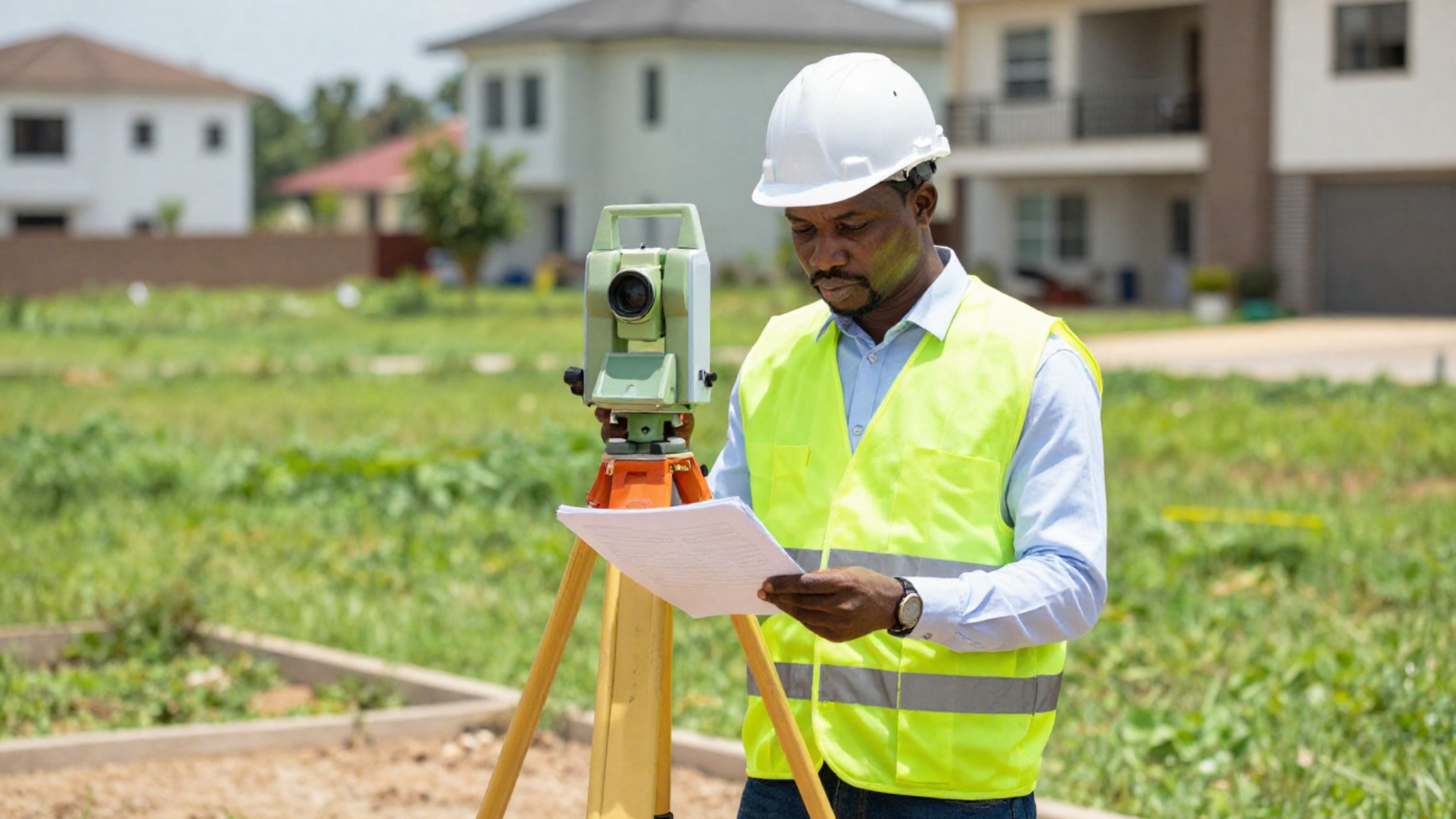 Certified Nigerian real estate surveyor conducting a pre-purchase property survey on a plot of land before a buyer signs the deed