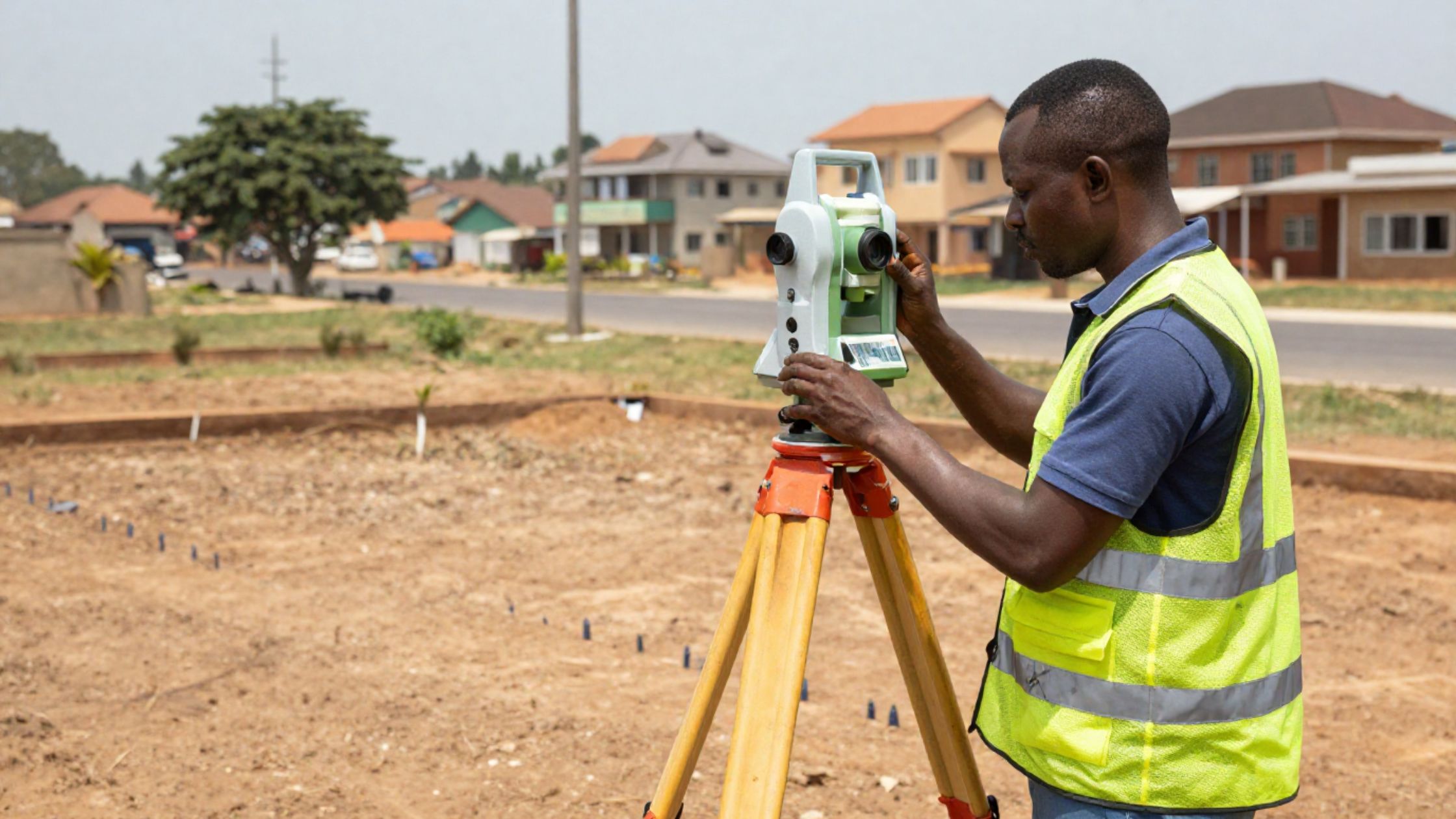 Real estate surveyor performing accurate property boundary identification on a Nigerian residential plot using precision survey tools