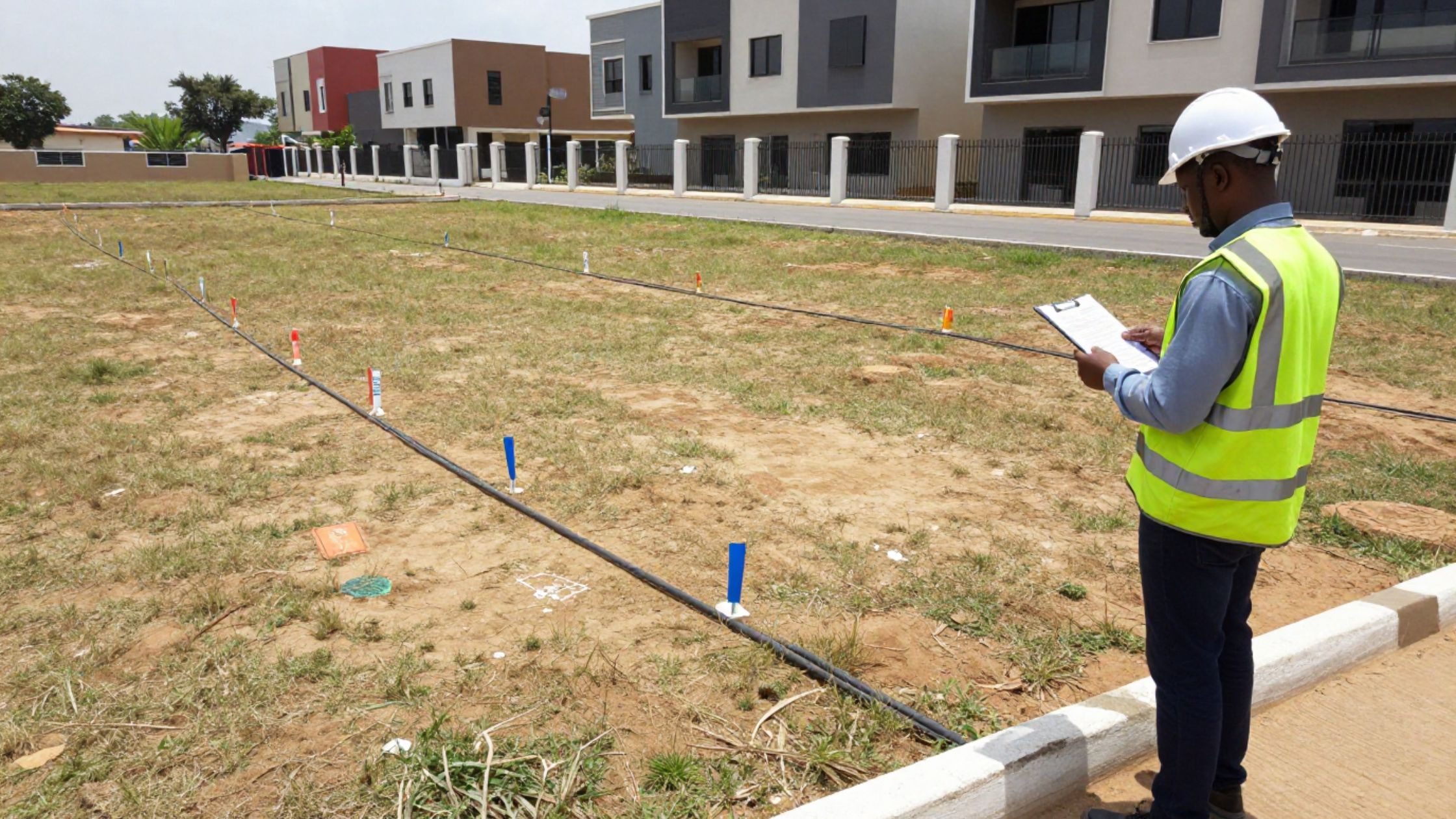 Real estate surveyor reviewing land title documents to identify easements and land use restrictions on a Nigerian property before purchase.